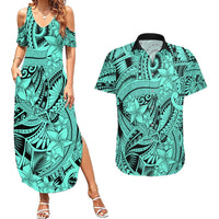 Polynesia Couples Matching Summer Maxi Dress and Hawaiian Shirt Tribal Polynesian Spirit With Teal Pacific Flowers LT9 Teal - Polynesian Pride