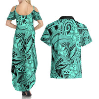 Polynesia Couples Matching Summer Maxi Dress and Hawaiian Shirt Tribal Polynesian Spirit With Teal Pacific Flowers LT9 - Polynesian Pride