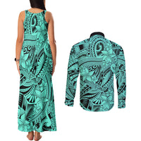 Polynesia Couples Matching Tank Maxi Dress and Long Sleeve Button Shirt Tribal Polynesian Spirit With Teal Pacific Flowers LT9 - Polynesian Pride