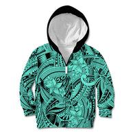 Polynesia Kid Hoodie Tribal Polynesian Spirit With Teal Pacific Flowers LT9 Zip Hoodie Teal - Polynesian Pride
