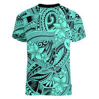 Polynesia Women V Neck T Shirt Tribal Polynesian Spirit With Teal Pacific Flowers LT9 - Polynesian Pride