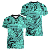 Polynesia Women V Neck T Shirt Tribal Polynesian Spirit With Teal Pacific Flowers LT9 - Polynesian Pride