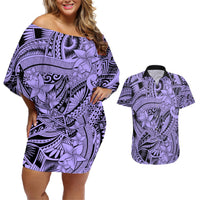 Polynesia Couples Matching Off Shoulder Short Dress and Hawaiian Shirt Tribal Polynesian Spirit With Violet Pacific Flowers LT9 Violet - Polynesian Pride