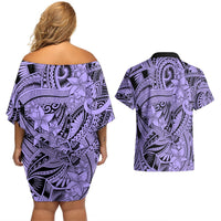 Polynesia Couples Matching Off Shoulder Short Dress and Hawaiian Shirt Tribal Polynesian Spirit With Violet Pacific Flowers LT9 - Polynesian Pride