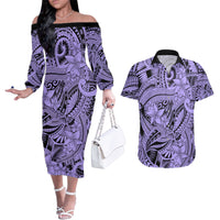 Polynesia Couples Matching Off The Shoulder Long Sleeve Dress and Hawaiian Shirt Tribal Polynesian Spirit With Violet Pacific Flowers LT9 Violet - Polynesian Pride