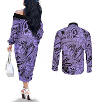 Polynesia Couples Matching Off The Shoulder Long Sleeve Dress and Long Sleeve Button Shirt Tribal Polynesian Spirit With Violet Pacific Flowers LT9 - Polynesian Pride