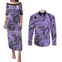Polynesia Couples Matching Puletasi Dress and Long Sleeve Button Shirt Tribal Polynesian Spirit With Violet Pacific Flowers LT9 Violet - Polynesian Pride