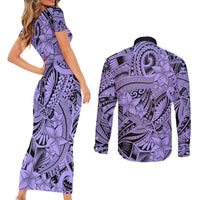 Polynesia Couples Matching Short Sleeve Bodycon Dress and Long Sleeve Button Shirt Tribal Polynesian Spirit With Violet Pacific Flowers LT9 - Polynesian Pride