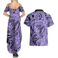 Polynesia Couples Matching Summer Maxi Dress and Hawaiian Shirt Tribal Polynesian Spirit With Violet Pacific Flowers LT9 - Polynesian Pride