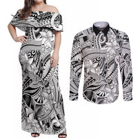 Polynesia Couples Matching Off Shoulder Maxi Dress and Long Sleeve Button Shirt Tribal Polynesian Spirit With White Pacific Flowers LT9 White - Polynesian Pride