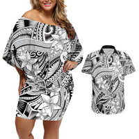 Polynesia Couples Matching Off Shoulder Short Dress and Hawaiian Shirt Tribal Polynesian Spirit With White Pacific Flowers LT9 White - Polynesian Pride