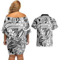 Polynesia Couples Matching Off Shoulder Short Dress and Hawaiian Shirt Tribal Polynesian Spirit With White Pacific Flowers LT9 - Polynesian Pride