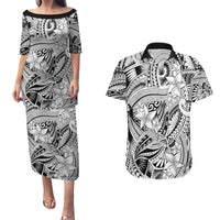 Polynesia Couples Matching Puletasi Dress and Hawaiian Shirt Tribal Polynesian Spirit With White Pacific Flowers LT9 White - Polynesian Pride