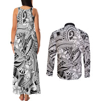 Polynesia Couples Matching Tank Maxi Dress and Long Sleeve Button Shirt Tribal Polynesian Spirit With White Pacific Flowers LT9 - Polynesian Pride