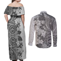 Polynesia Couples Matching Off Shoulder Maxi Dress and Long Sleeve Button Shirt Hibiscus and Hawaiian Tribal Tattoo Retro Style Gray Color LT9 - Polynesian Pride