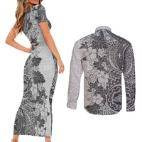Polynesia Couples Matching Short Sleeve Bodycon Dress and Long Sleeve Button Shirt Hibiscus and Hawaiian Tribal Tattoo Retro Style Gray Color LT9 - Polynesian Pride