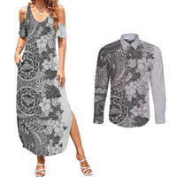 Polynesia Couples Matching Summer Maxi Dress and Long Sleeve Button Shirt Hibiscus and Hawaiian Tribal Tattoo Retro Style Gray Color LT9 Gray - Polynesian Pride