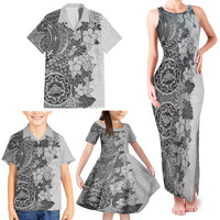 Polynesia Family Matching Tank Maxi Dress and Hawaiian Shirt Hibiscus and Hawaiian Tribal Tattoo Retro Style Gray Color LT9 - Polynesian Pride