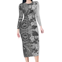 Polynesia Long Sleeve Bodycon Dress Hibiscus and Hawaiian Tribal Tattoo Retro Style Gray Color LT9 Long Dress Gray - Polynesian Pride