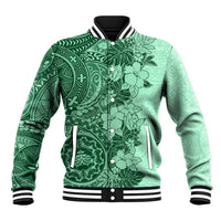 Polynesia Baseball Jacket Hibiscus and Hawaiian Tribal Tattoo Retro Style Green Color LT9 Unisex Green - Polynesian Pride