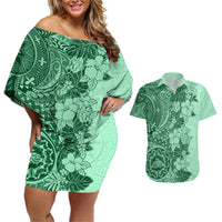 Polynesia Couples Matching Off Shoulder Short Dress and Hawaiian Shirt Hibiscus and Hawaiian Tribal Tattoo Retro Style Green Color LT9 Green - Polynesian Pride