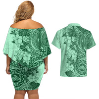 Polynesia Couples Matching Off Shoulder Short Dress and Hawaiian Shirt Hibiscus and Hawaiian Tribal Tattoo Retro Style Green Color LT9 - Polynesian Pride