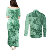 Polynesia Couples Matching Puletasi Dress and Long Sleeve Button Shirt Hibiscus and Hawaiian Tribal Tattoo Retro Style Green Color LT9 - Polynesian Pride