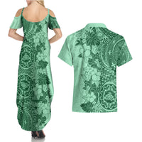 Polynesia Couples Matching Summer Maxi Dress and Hawaiian Shirt Hibiscus and Hawaiian Tribal Tattoo Retro Style Green Color LT9 - Polynesian Pride
