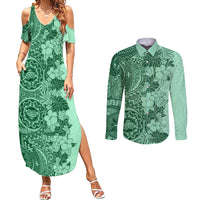 Polynesia Couples Matching Summer Maxi Dress and Long Sleeve Button Shirt Hibiscus and Hawaiian Tribal Tattoo Retro Style Green Color LT9 Green - Polynesian Pride