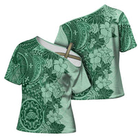 Polynesia Cross Shoulder Shirt Hibiscus Hawaiian Tribal Tattoo Retro Green - Polynesian Pride