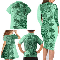 Polynesia Family Matching Long Sleeve Bodycon Dress and Hawaiian Shirt Hibiscus and Hawaiian Tribal Tattoo Retro Style Green Color LT9 - Polynesian Pride