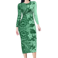 Polynesia Long Sleeve Bodycon Dress Hibiscus and Hawaiian Tribal Tattoo Retro Style Green Color LT9 Long Dress Green - Polynesian Pride