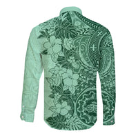 Polynesia Long Sleeve Button Shirt Hibiscus and Hawaiian Tribal Tattoo Retro Style Green Color LT9 - Polynesian Pride