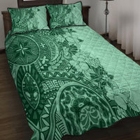 Polynesia Quilt Bed Set Hibiscus and Hawaiian Tribal Tattoo Retro Style Green Color LT9 - Polynesian Pride