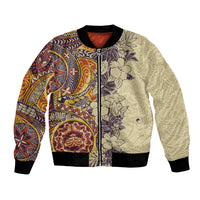 Polynesia Bomber Jacket Hibiscus and Hawaiian Tribal Tattoo Retro Style Tan Color LT9 Unisex Tan - Polynesian Pride