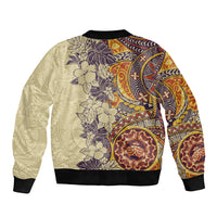 Polynesia Bomber Jacket Hibiscus and Hawaiian Tribal Tattoo Retro Style Tan Color LT9 - Polynesian Pride