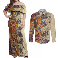 Polynesia Couples Matching Off Shoulder Maxi Dress and Long Sleeve Button Shirt Hibiscus and Hawaiian Tribal Tattoo Retro Style Tan Color LT9 Tan - Polynesian Pride