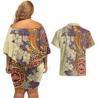 Polynesia Couples Matching Off Shoulder Short Dress and Hawaiian Shirt Hibiscus and Hawaiian Tribal Tattoo Retro Style Tan Color LT9 - Polynesian Pride