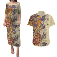 Polynesia Couples Matching Puletasi Dress and Hawaiian Shirt Hibiscus and Hawaiian Tribal Tattoo Retro Style Tan Color LT9 Tan - Polynesian Pride