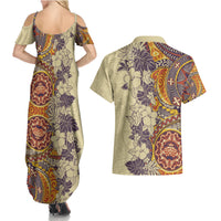 Polynesia Couples Matching Summer Maxi Dress and Hawaiian Shirt Hibiscus and Hawaiian Tribal Tattoo Retro Style Tan Color LT9 - Polynesian Pride