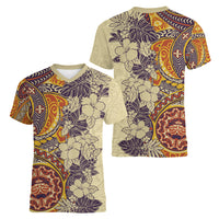 Polynesia Women V Neck T Shirt Hibiscus and Hawaiian Tribal Tattoo Retro Style Tan Color LT9 - Polynesian Pride