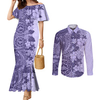 Polynesia Couples Matching Mermaid Dress and Long Sleeve Button Shirt Hibiscus and Hawaiian Tribal Tattoo Retro Style Violet Color LT9 Violet - Polynesian Pride