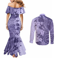 Polynesia Couples Matching Mermaid Dress and Long Sleeve Button Shirt Hibiscus and Hawaiian Tribal Tattoo Retro Style Violet Color LT9 - Polynesian Pride