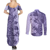 Polynesia Couples Matching Summer Maxi Dress and Long Sleeve Button Shirt Hibiscus and Hawaiian Tribal Tattoo Retro Style Violet Color LT9 - Polynesian Pride