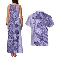 Polynesia Couples Matching Tank Maxi Dress and Hawaiian Shirt Hibiscus and Hawaiian Tribal Tattoo Retro Style Violet Color LT9 - Polynesian Pride