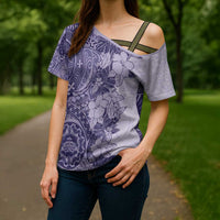 Polynesia Cross Shoulder Shirt Hibiscus Hawaiian Tribal Tattoo Retro Violet LT9 - Polynesian Pride