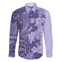 Polynesia Family Matching Long Sleeve Bodycon Dress and Hawaiian Shirt Hibiscus and Hawaiian Tribal Tattoo Retro Style Violet Color LT9 Dad's Shirt - Long Sleeve Violet - Polynesian Pride