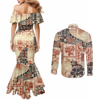 Hawaii Couples Matching Mermaid Dress and Long Sleeve Button Shirt Aloha Tribal Pattern Beige Version LT9 - Polynesian Pride