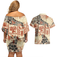 Hawaii Couples Matching Off Shoulder Short Dress and Hawaiian Shirt Aloha Tribal Pattern Beige Version LT9 - Polynesian Pride