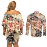 Hawaii Couples Matching Off Shoulder Short Dress and Long Sleeve Button Shirt Aloha Tribal Pattern Beige Version LT9 - Polynesian Pride